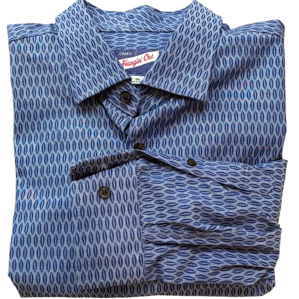 Johnnie-O Blue Geometric Print Long Sleeve Finley Button Down Cotton Stretch XXL - Picture 3 of 7